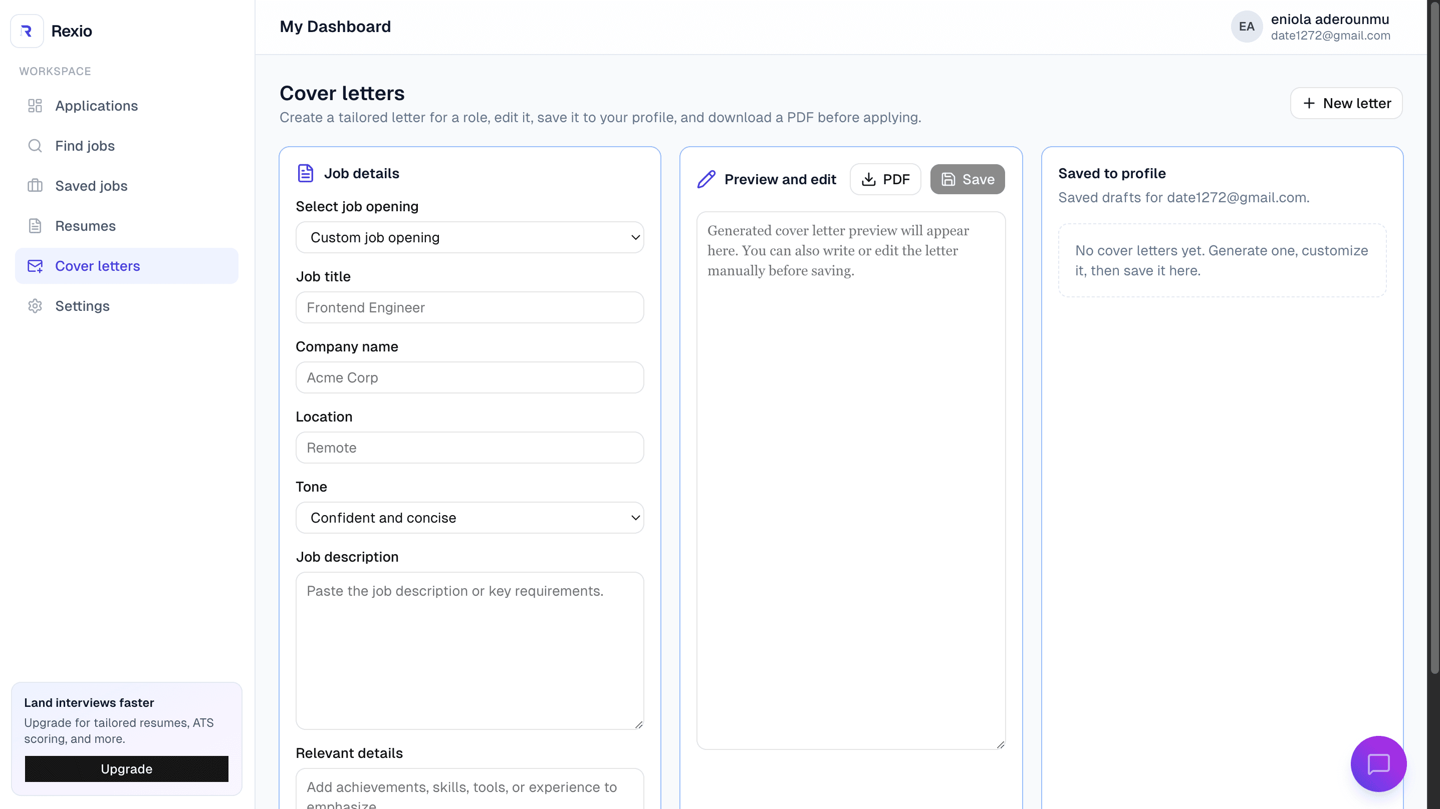 Rexhio cover letter workspace shown inside the seeker dashboard.